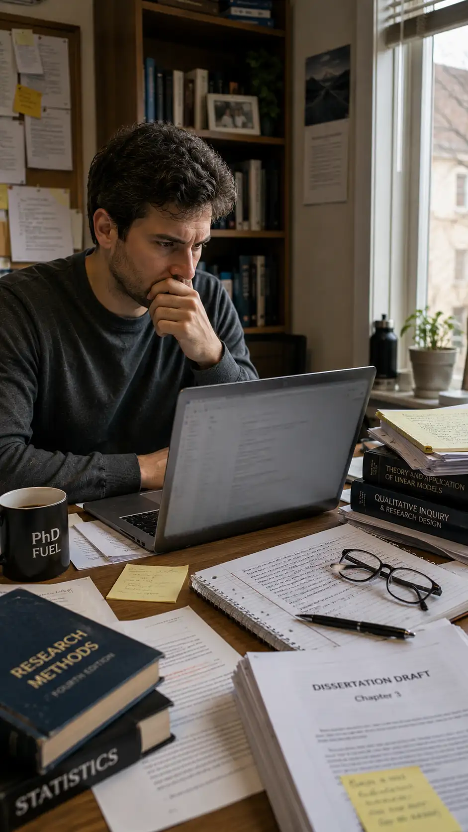 Graduate student reviewing Title IX notice documents under stress